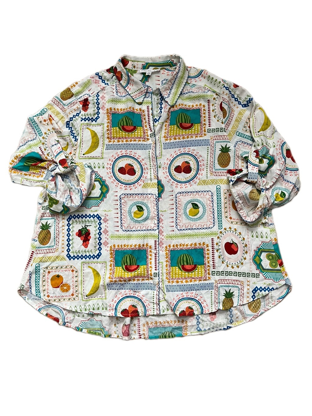 Jane + Delancey Fruit Print Linen Blend Button Down Shirt Plus 1X Maximalist
